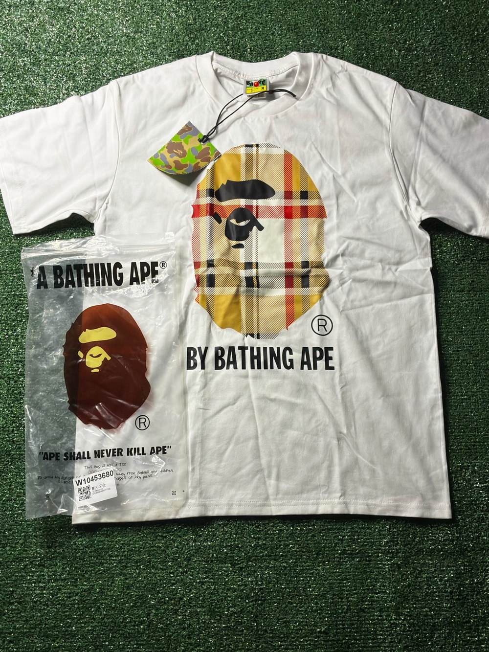 White Short-Sleeve Tee with Yellow Plaid Ape Graphic